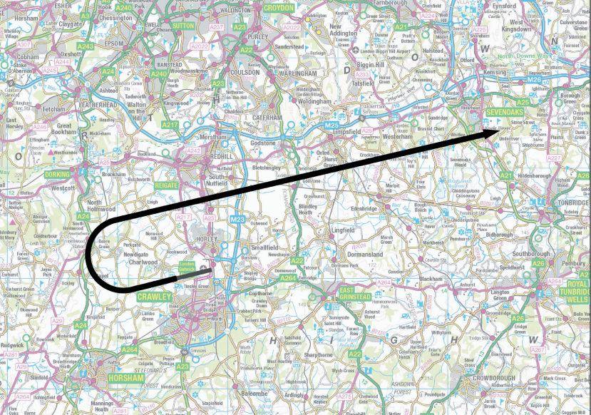 Example map detailing path of aircraft flying Route 4 out of London Gatwick